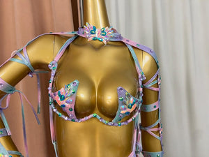 Women's Pastel Ombre Harness Lingerie Set with Rhinestones, Faux Leather, and Strappy Details for Exotic Dance