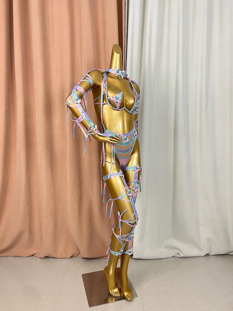 Women's Pastel Ombre Harness Lingerie Set with Rhinestones, Faux Leather, and Strappy Details for Exotic Dance