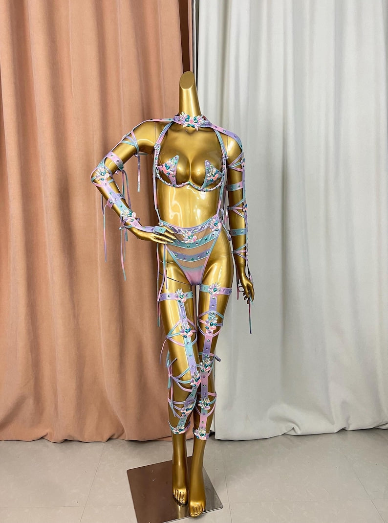 Women's Pastel Ombre Harness Lingerie Set with Rhinestones, Faux Leather, and Strappy Details for Exotic Dance