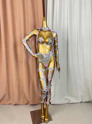 Women's Pastel Ombre Harness Lingerie Set with Rhinestones, Faux Leather, and Strappy Details for Exotic Dance