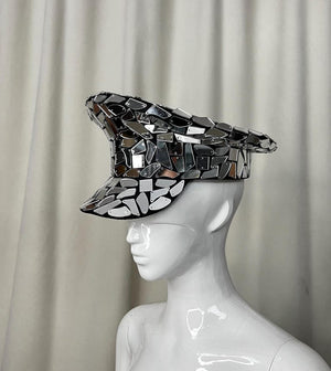 Dance Cap Unisex Silver Mirror Disco Captain Hat