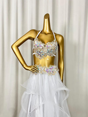 Women's White Embellished Halter Neck Two-Piece Ballroom Latin Dance Dress with Ruffled Skirt