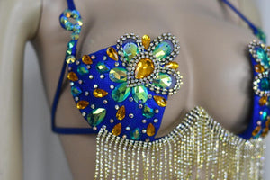 Belly Dance Bra, Women's Blue & Gold Crystal Embellished Fringe Sequins Rhinestone Dance Top, Samba, Carnival, Rave, Festival Costume
