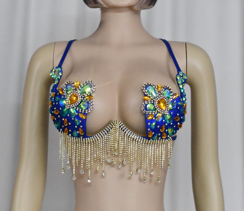 Belly Dance Bra, Women's Blue & Gold Crystal Embellished Fringe Sequins Rhinestone Dance Top, Samba, Carnival, Rave, Festival Costume