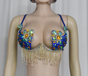 Belly Dance Bra, Women's Blue & Gold Crystal Embellished Fringe Sequins Rhinestone Dance Top, Samba, Carnival, Rave, Festival Costume