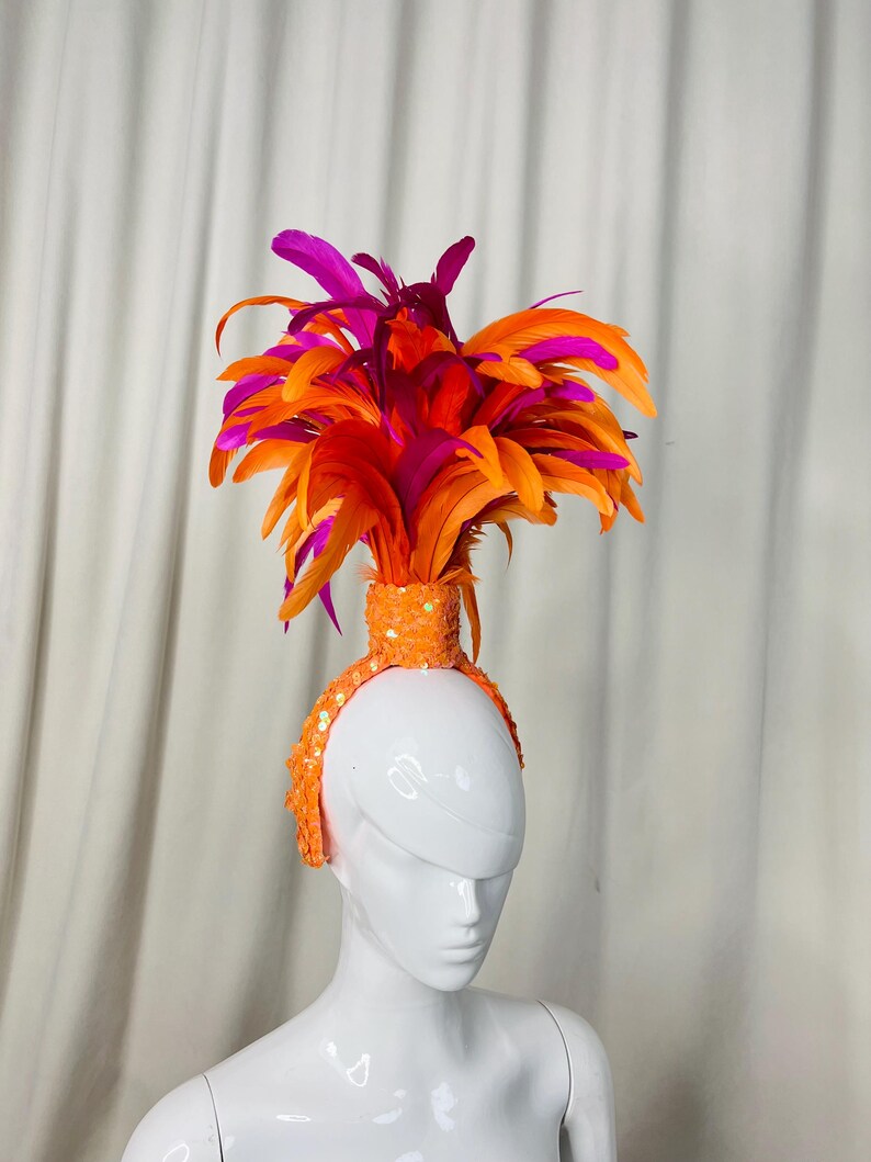 Feather Headpiece Women's Orange and Purple Sequin Carnival Dance Headband
