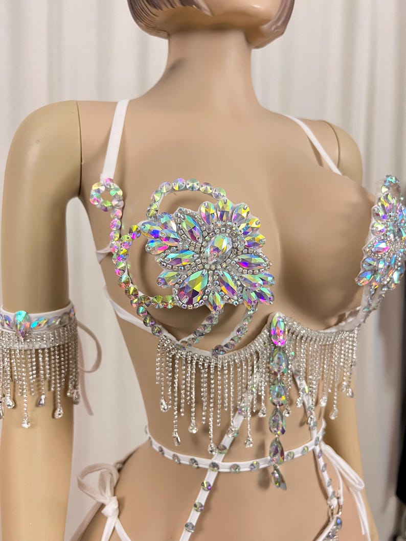 Women's White Sequin Fringe Rhinestone Halter Bodysuit with Leg Garters - Carnival Dancewear
