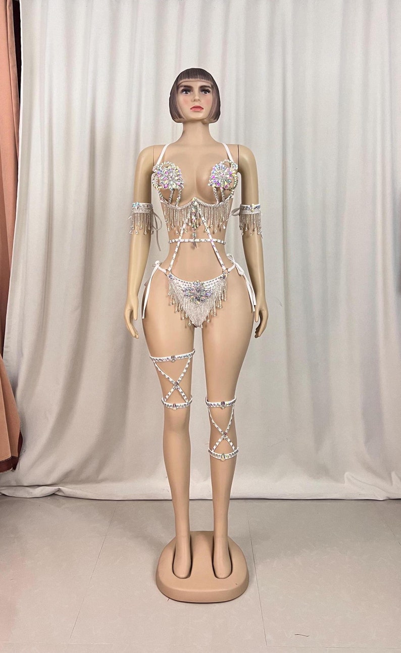 Women's White Sequin Fringe Rhinestone Halter Bodysuit with Leg Garters - Carnival Dancewear