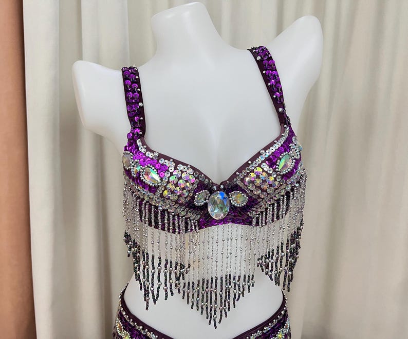 Belly Dance Bra Top, Women's Red Sequin & Beaded Fringe Dance Costume Top, Oriental Dance Performance Wear