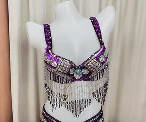 Belly Dance Bra Top, Women's Red Sequin & Beaded Fringe Dance Costume Top, Oriental Dance Performance Wear