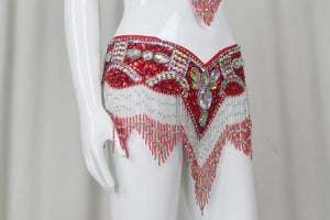 Belly Dance Costume, Women's Red & Silver Sequin Beaded Fringe Bra & Skirt Set, Performance Wear