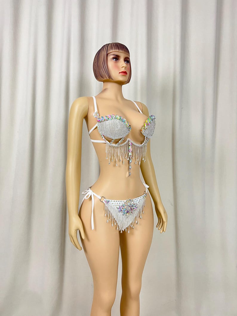 Dancewear Women's White Rhinestone Fringe Bralette and Bikini Bottom Set, Latin Dance
