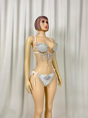 Dancewear Women's White Rhinestone Fringe Bralette and Bikini Bottom Set, Latin Dance