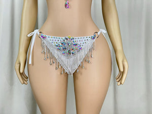 Dancewear Women's White Rhinestone Fringe Bralette and Bikini Bottom Set, Latin Dance