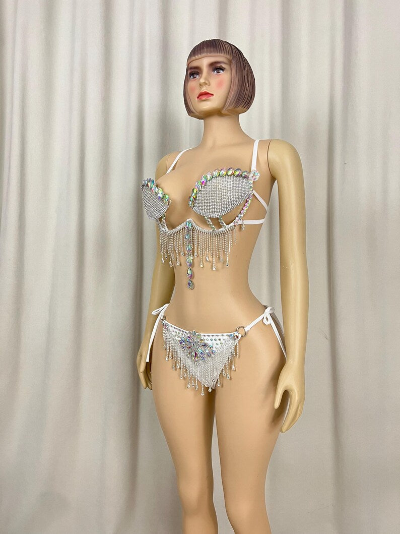 Dancewear Women's White Rhinestone Fringe Bralette and Bikini Bottom Set, Latin Dance