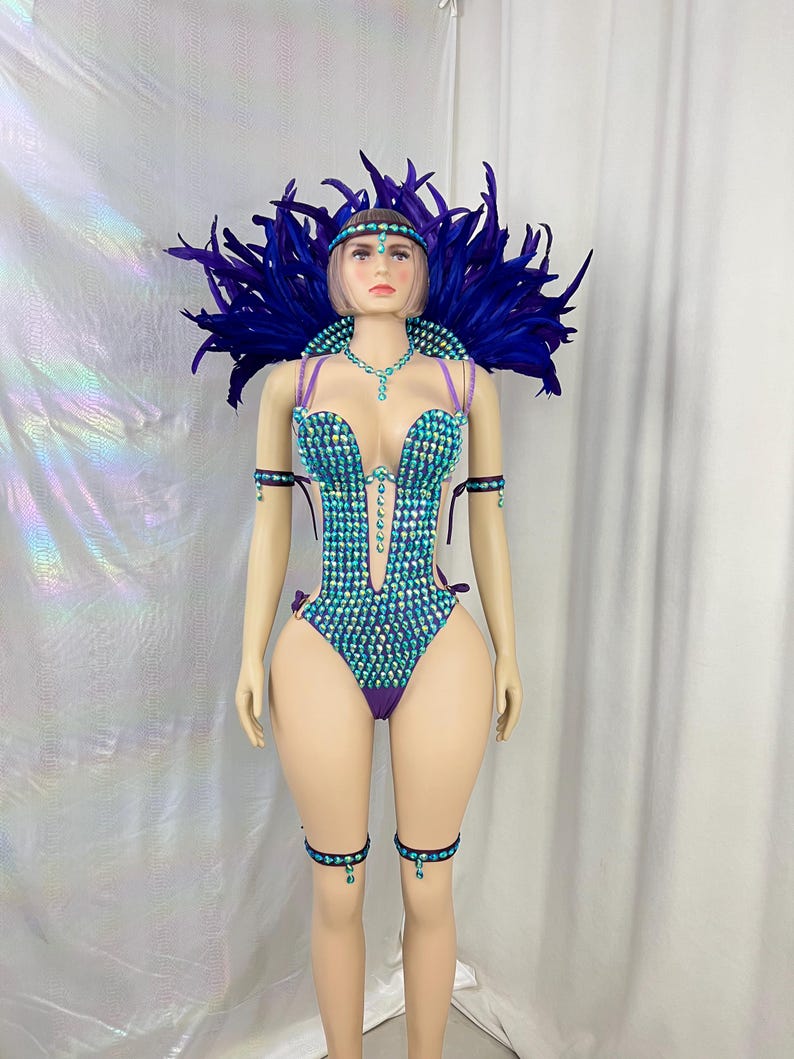Carnival Costume Adult Women's Blue & Purple Sequin & Feather Bodysuit with Headpiece, Necklace, and Armbands