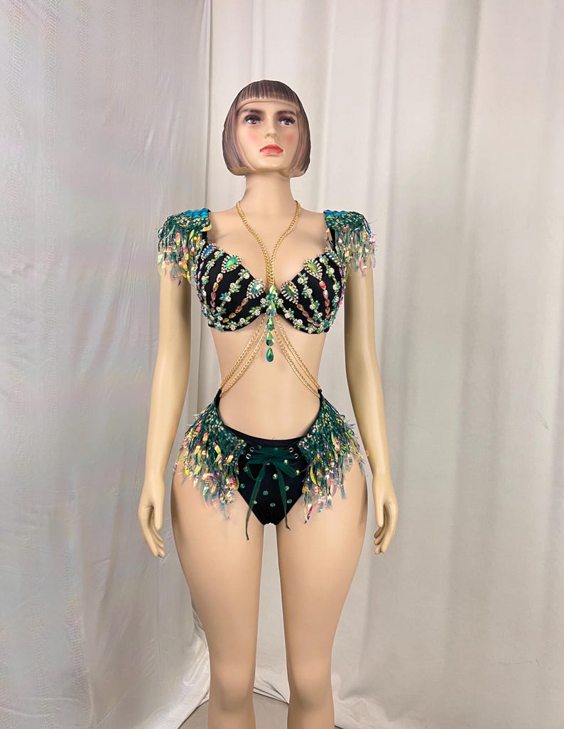 Women's Black & Green Sequin Beaded Fringe Latin Dance Costume