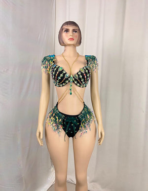 Women's Black & Green Sequin Beaded Fringe Latin Dance Costume