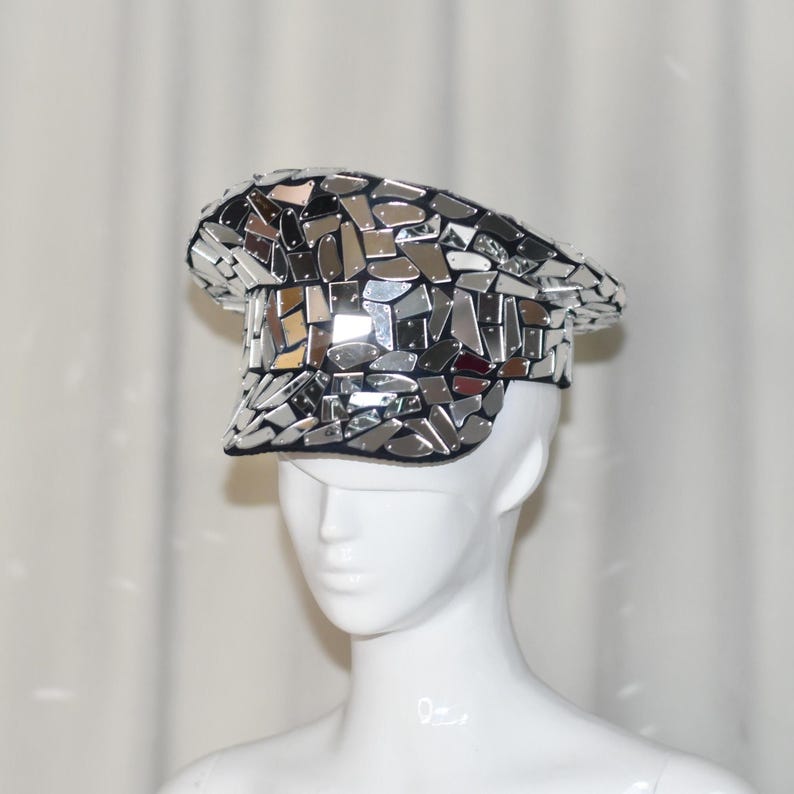 Dance Cap Unisex Silver Mirror Disco Captain Hat