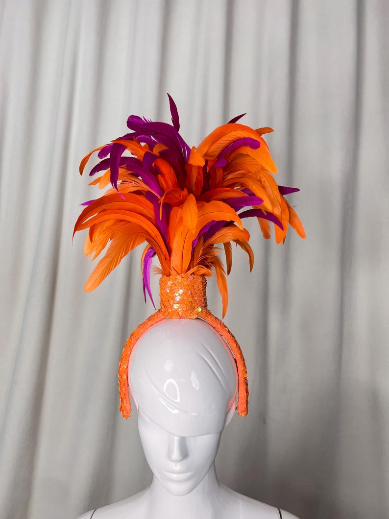 Feather Headpiece Women's Orange and Purple Sequin Carnival Dance Headband
