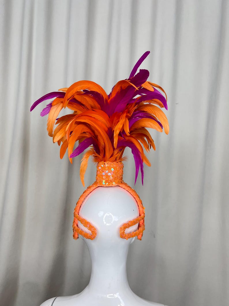 Feather Headpiece Women's Orange and Purple Sequin Carnival Dance Headband