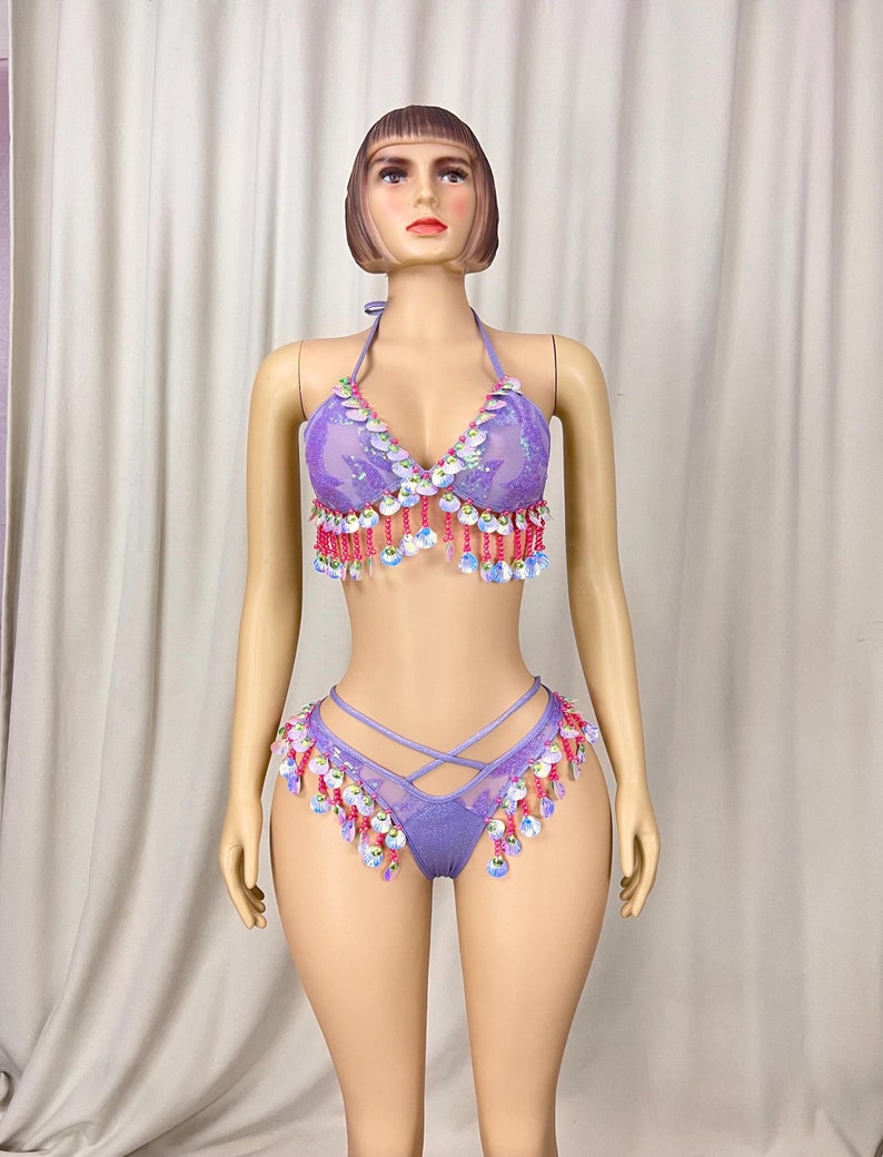 Sequin Shell Fringe Halter Top and Strappy Bottoms Set, Women's Purple Shimmer Sequin Shell Fringe Halter Top and Strappy Bottoms Set, Latin Dance