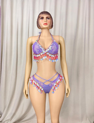 Sequin Shell Fringe Halter Top and Strappy Bottoms Set, Women's Purple Shimmer Sequin Shell Fringe Halter Top and Strappy Bottoms Set, Latin Dance
