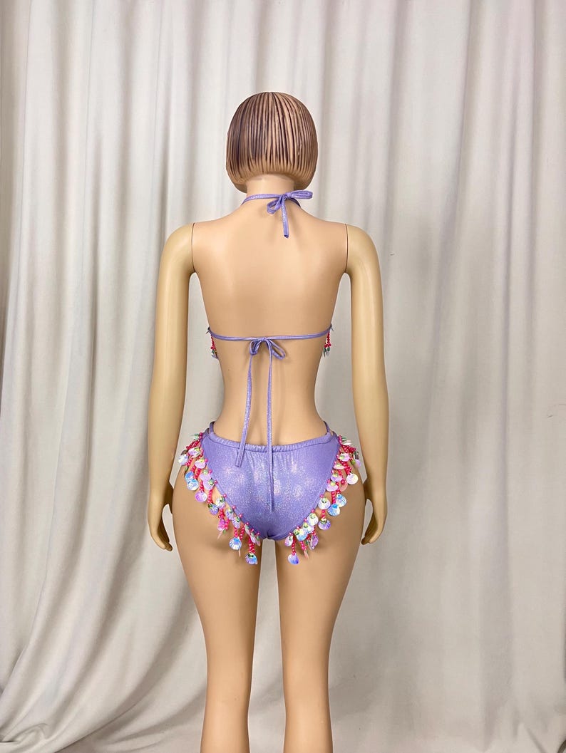 Sequin Shell Fringe Halter Top and Strappy Bottoms Set, Women's Purple Shimmer Sequin Shell Fringe Halter Top and Strappy Bottoms Set, Latin Dance