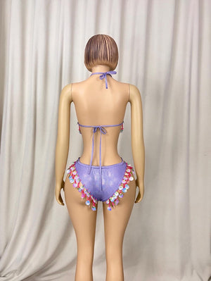 Sequin Shell Fringe Halter Top and Strappy Bottoms Set, Women's Purple Shimmer Sequin Shell Fringe Halter Top and Strappy Bottoms Set, Latin Dance