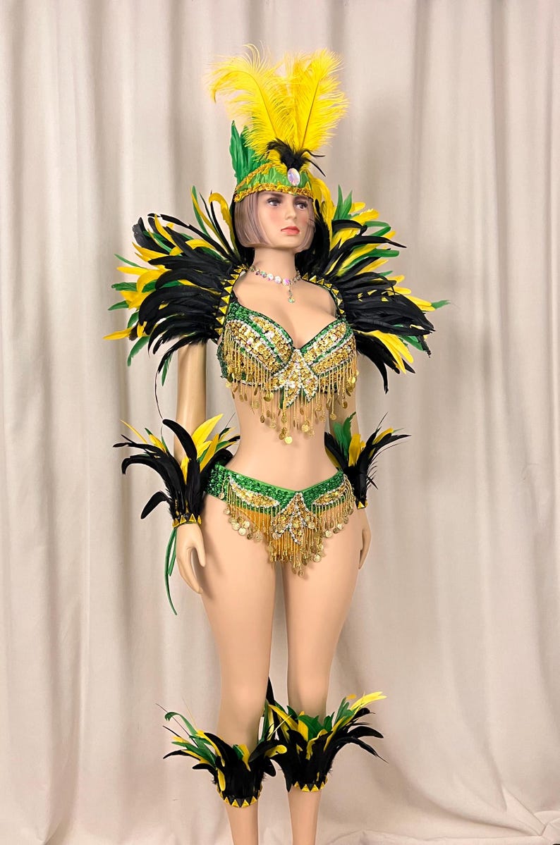 Carnival Samba Dance Costume Adult Female Green Yellow Black Sequin Feather Rhinestone Bra Bottom Set