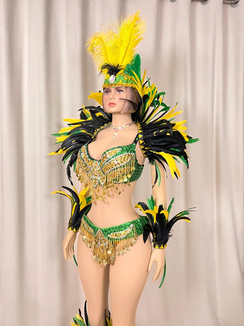 Carnival Samba Dance Costume Adult Female Green Yellow Black Sequin Feather Rhinestone Bra Bottom Set