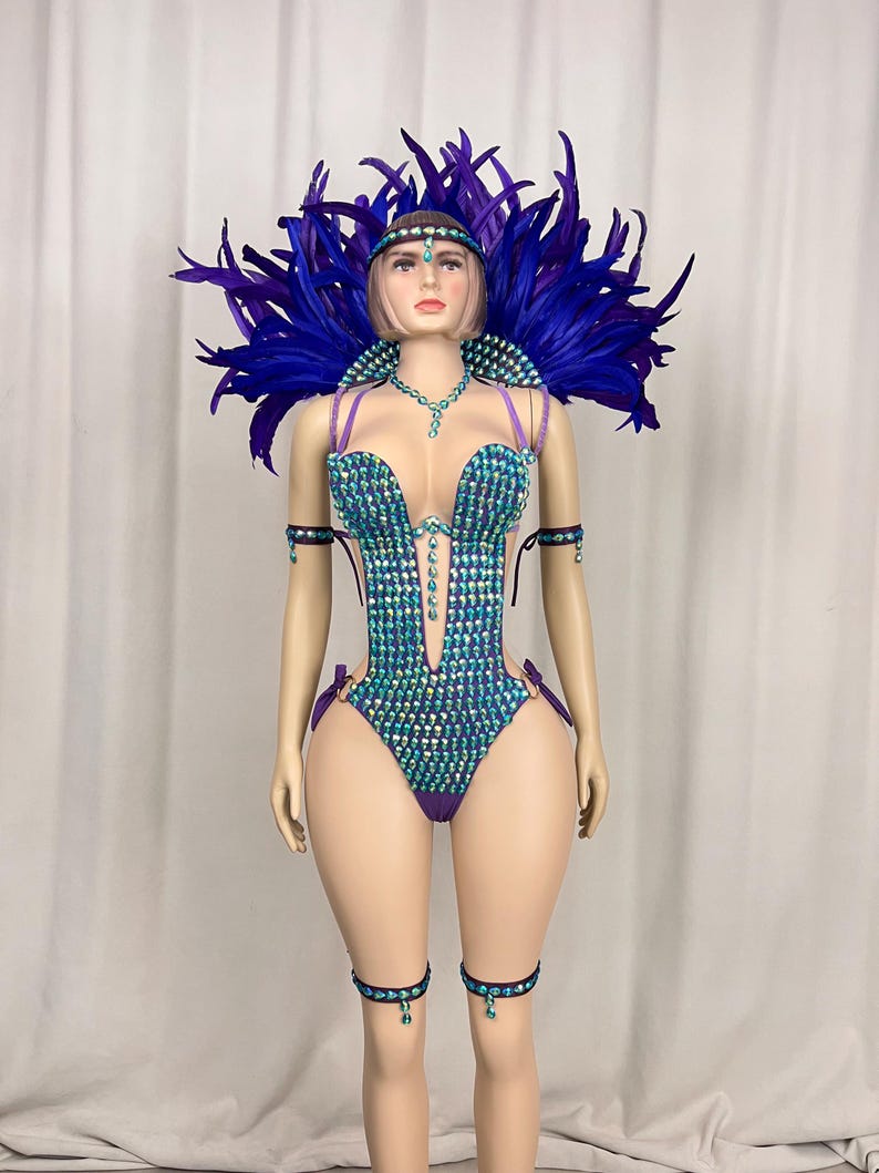 Carnival Costume Adult Women's Blue & Purple Sequin & Feather Bodysuit with Headpiece, Necklace, and Armbands