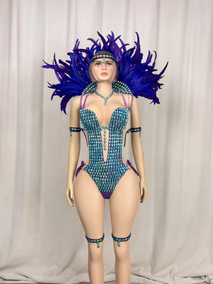 Carnival Costume Adult Women's Blue & Purple Sequin & Feather Bodysuit with Headpiece, Necklace, and Armbands