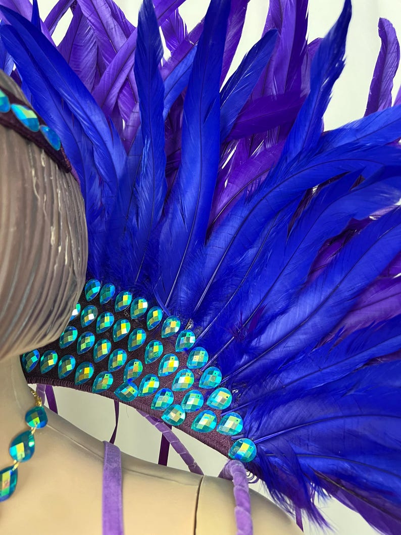 Carnival Costume Adult Women's Blue & Purple Sequin & Feather Bodysuit with Headpiece, Necklace, and Armbands