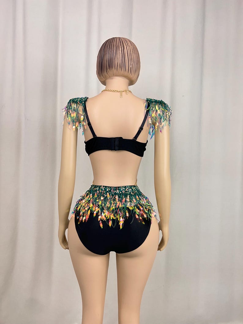 Women's Black & Green Sequin Beaded Fringe Latin Dance Costume