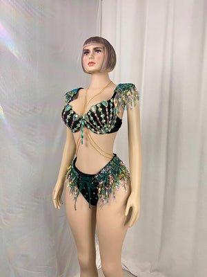 Women's Black & Green Sequin Beaded Fringe Latin Dance Costume