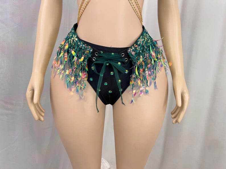 Women's Black & Green Sequin Beaded Fringe Latin Dance Costume