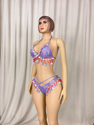 Sequin Shell Fringe Halter Top and Strappy Bottoms Set, Women's Purple Shimmer Sequin Shell Fringe Halter Top and Strappy Bottoms Set, Latin Dance