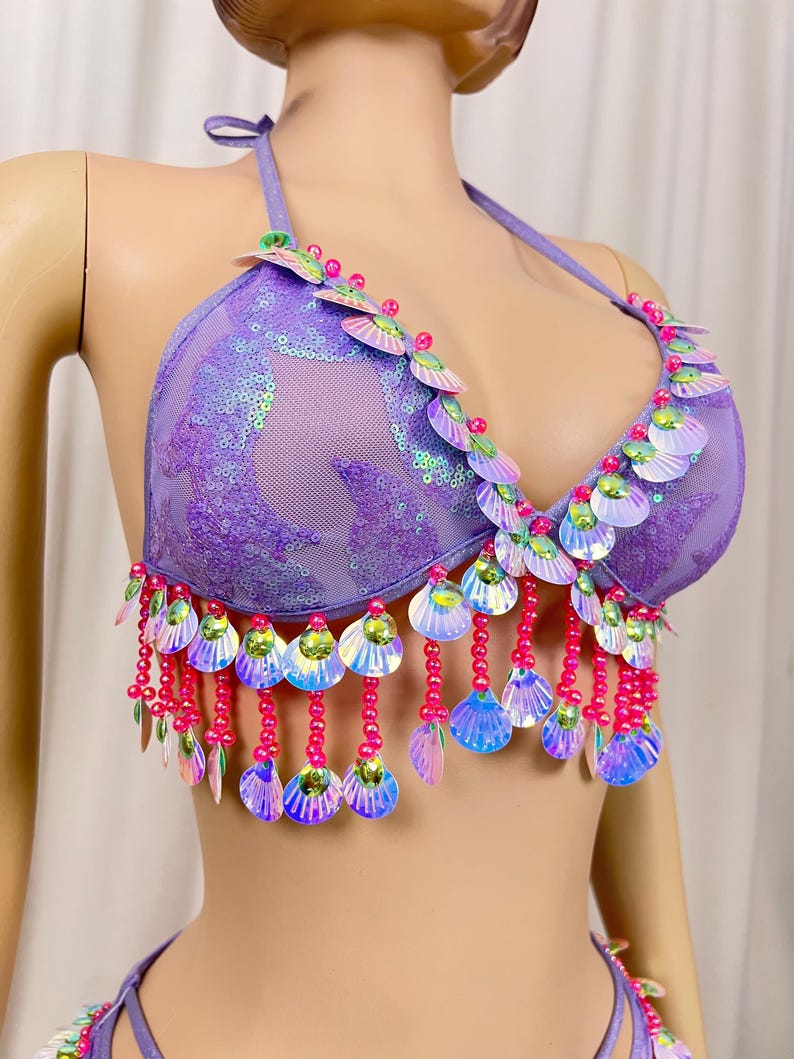 Sequin Shell Fringe Halter Top and Strappy Bottoms Set, Women's Purple Shimmer Sequin Shell Fringe Halter Top and Strappy Bottoms Set, Latin Dance