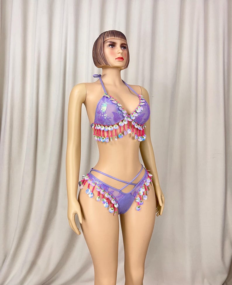 Sequin Shell Fringe Halter Top and Strappy Bottoms Set, Women's Purple Shimmer Sequin Shell Fringe Halter Top and Strappy Bottoms Set, Latin Dance