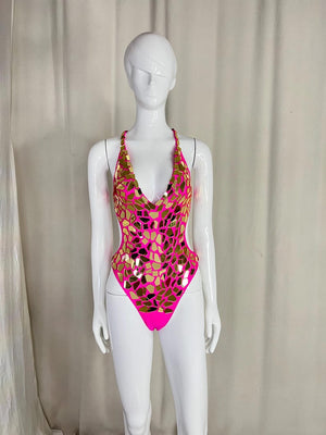 Women's Pink & Gold Mirrored Halterneck Dance Bodysuit