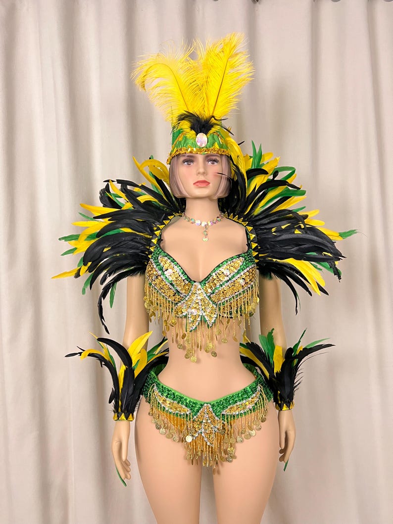 Carnival Samba Dance Costume Adult Female Green Yellow Black Sequin Feather Rhinestone Bra Bottom Set