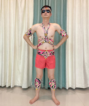Men's Pink and Black Abstract Print Halter Neck Dance Costume with Armbands and Leg Cuffs