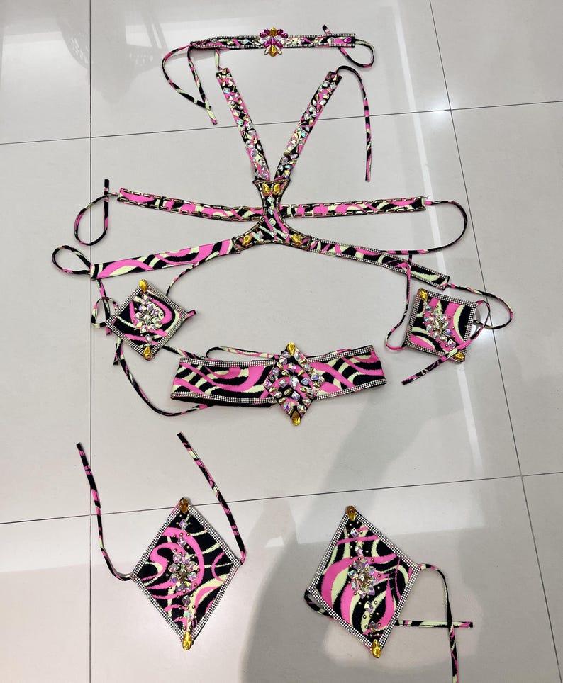 Men's Pink and Black Abstract Print Halter Neck Dance Costume with Armbands and Leg Cuffs