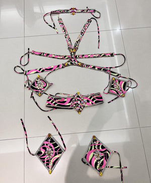 Men's Pink and Black Abstract Print Halter Neck Dance Costume with Armbands and Leg Cuffs