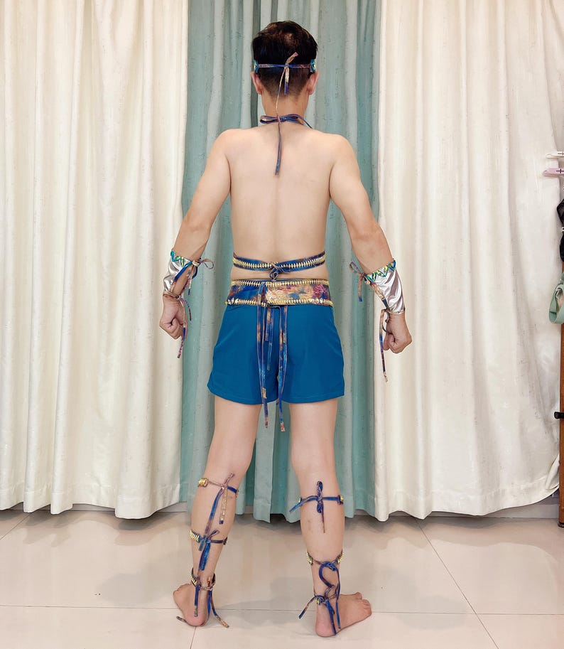 Men's Pink and Black Abstract Print Halter Neck Dance Costume with Armbands and Leg Cuffs