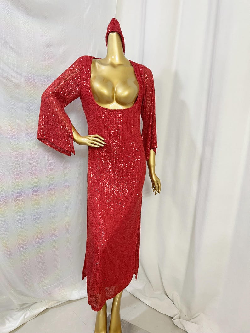 Women's Red Sequin Deep U-Neck Bell Sleeve Maxi Dress, Latin Dance