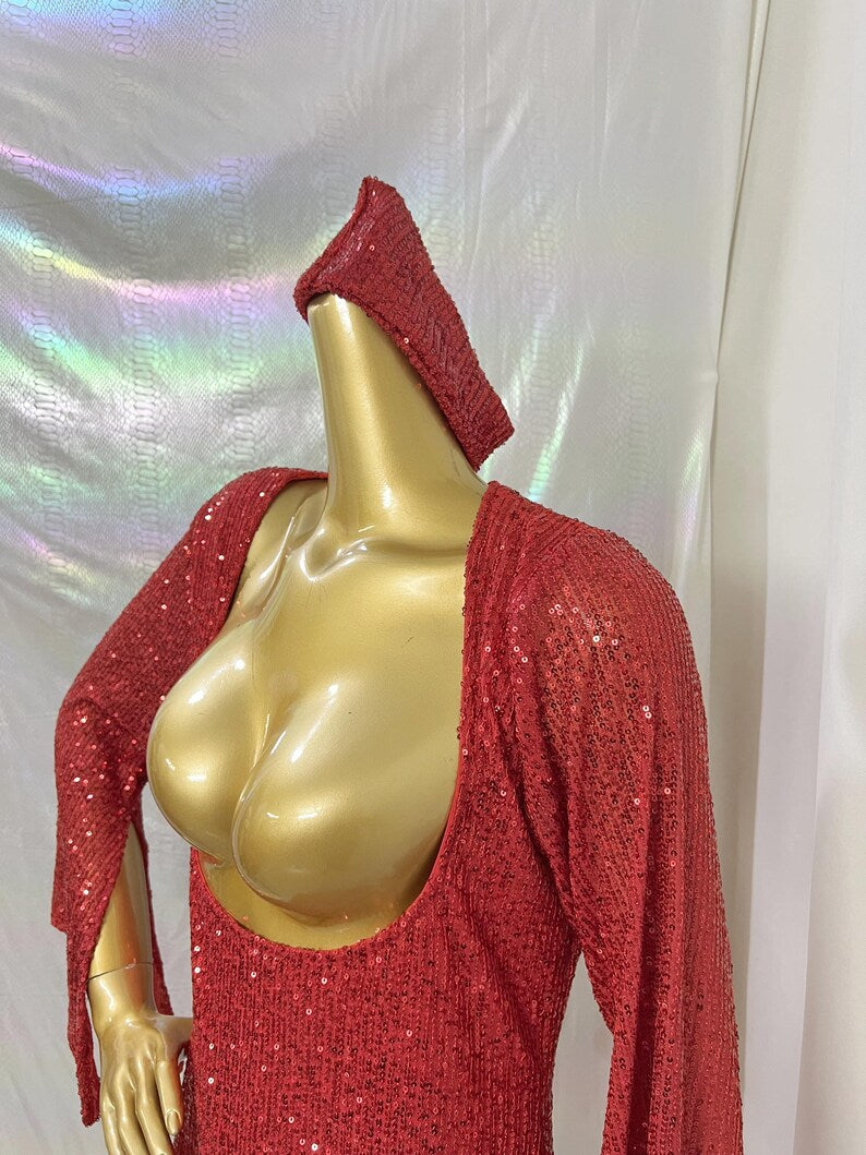 Women's Red Sequin Deep U-Neck Bell Sleeve Maxi Dress, Latin Dance
