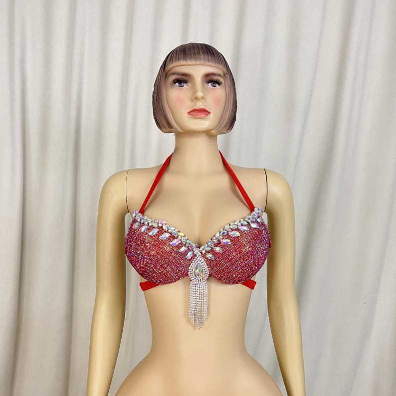 Dancing Bra Top, Women's Red Embellished Rhinestone Halter Bra, Belly Dance