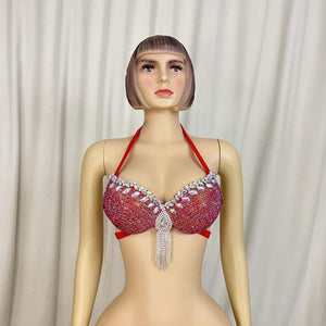 Dancing Bra Top, Women's Red Embellished Rhinestone Halter Bra, Belly Dance